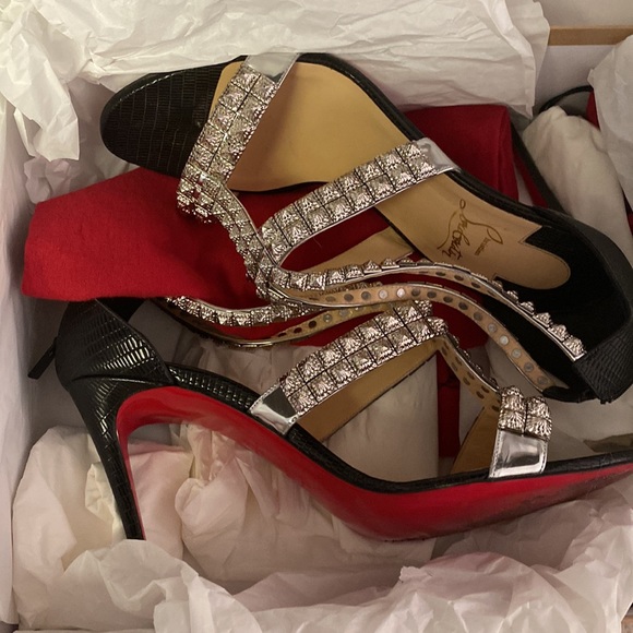 Black Diwali 100 Silver Studded Ankle Strap Stiletto Heel Pumps. - Picture 3 of 9